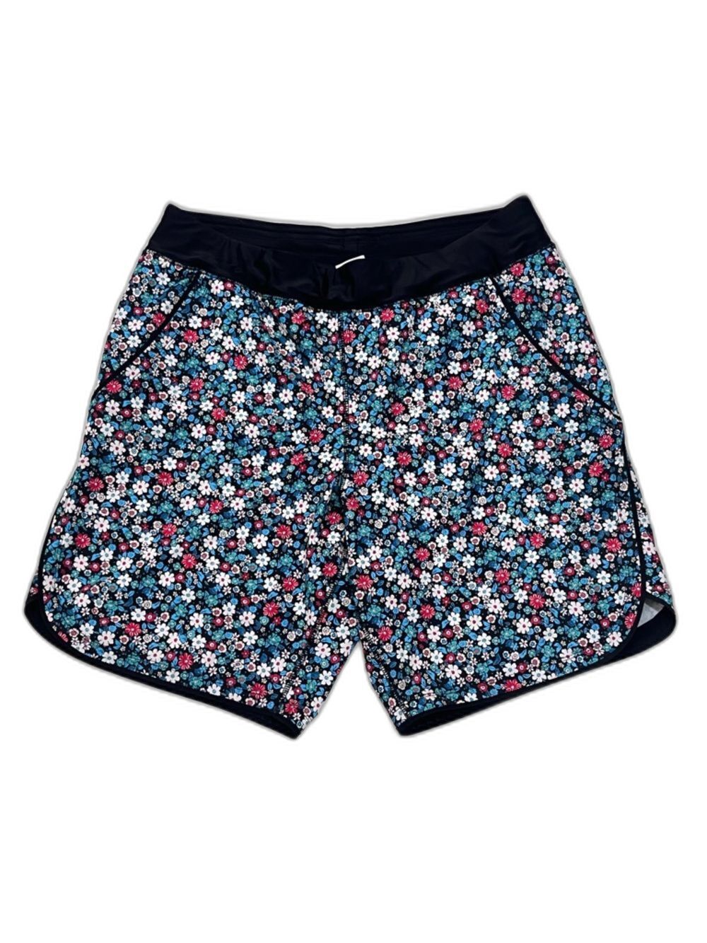 Lands' End Women’s Floral Swim Board Shorts Black Red Blue w Liner & Pockets